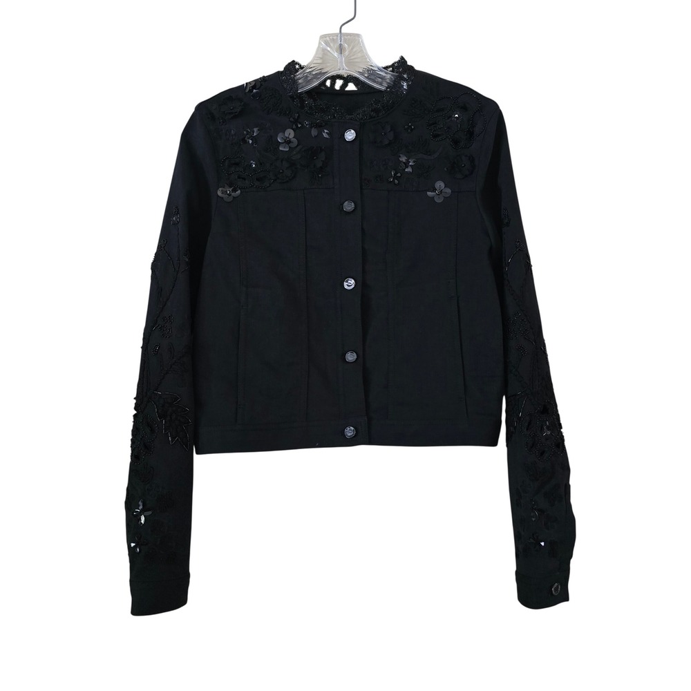 Elie Tahari Black Embroidered Sequin Lace Back Denim Jacket Cropped Womens Small